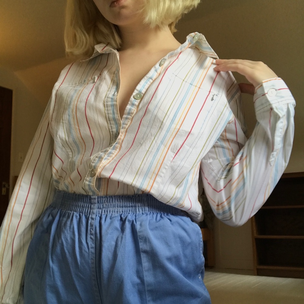 CLEARANCE striped white button up w zipper pockets